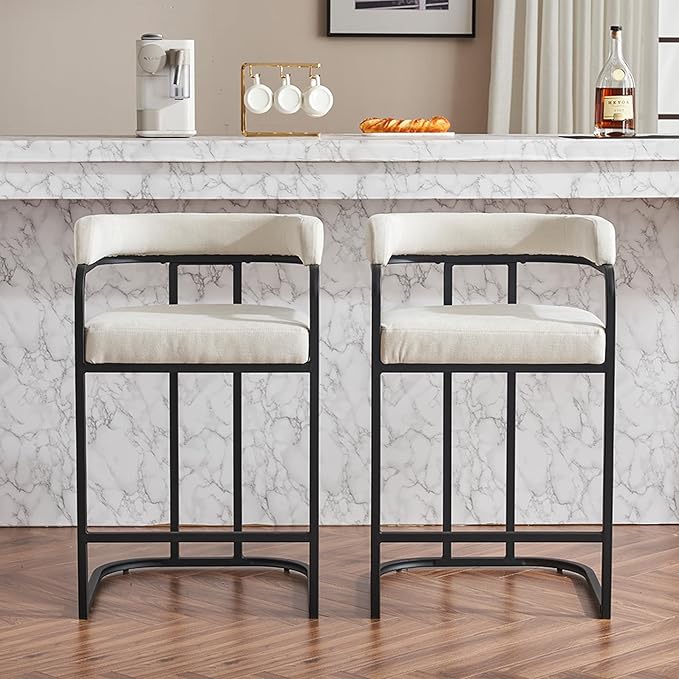 Modern Chenille Bar Stools Set of 2, Upholstered Counter Height Chairs with Metal e Armrests, Soft Chenille Fabric Bar Chairs for Kitchen Island, Dining Room, Home Bar,White PF966