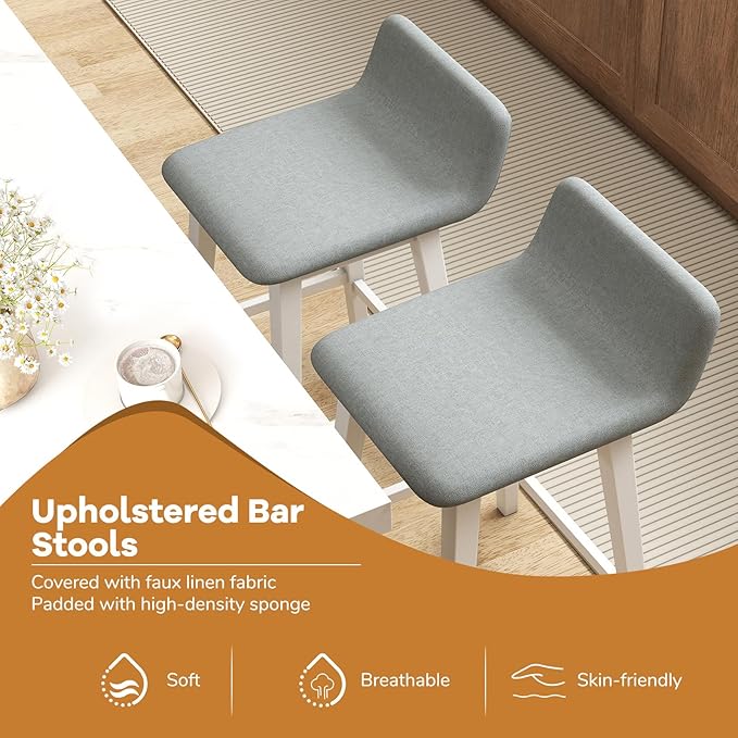 Giantex 24" Bar Stools Set of 2, Upholstered Counter Height Barstools with Low Back, Footrest, Armless Wood Bar Chairs for Kitchen Island, Dining Room, White & Gray