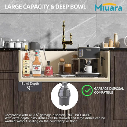 Miuara Bone Farmhouse Sink 33 Inch - Apron Front Kitchen Sink Reversible 33x18x10, Undermount Installation, Farm House Style Single Bowl, Heavy Duty Solid Fireclay, Bone Color, for Kitchen
