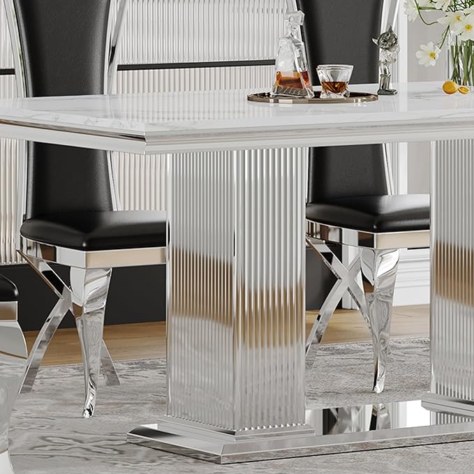 Henf Modern Dining Table for 6-8, 68 Inch White Marble Kitchen Table with Silver Stainless Steel Double Pillar Base, Luxurious Rectangular Faux Marble Dining Room Table for Dining Room,Living Room