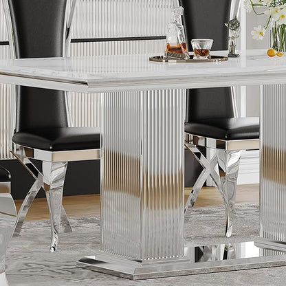 Henf Modern Dining Table for 6-8, 68 Inch White Marble Kitchen Table with Silver Stainless Steel Double Pillar Base, Luxurious Rectangular Faux Marble Dining Room Table for Dining Room,Living Room