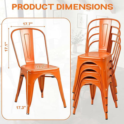 Shahoo Metal Dining Chairs Classic Iron Stackable Industrial Vintage Trattoria with Back, Indoor-Outdoor Side Settee for Home Bistro Cafe Kitchen Restaurant Set of 4, Orange