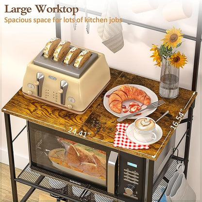4 Tier Coffee Bar Station, Kitchen Stand with 8 S-Shaped Hooks, Large Space Coffee Station Table, Farmhouse Coffee Bar Shelf, Bakers Rack for for Kitchen, Living Room, 23.62" W x 15.74" D x 57.13" H
