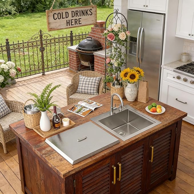 24"x22" Drop In Outdoor Kitchen Sink Workstation – 16 Gauge 304 Stainless Steel Top Mount Bar Prep Sink with Faucet Combo & Dust Lid for BBQ, RV, Camper, Garden, Utility Use