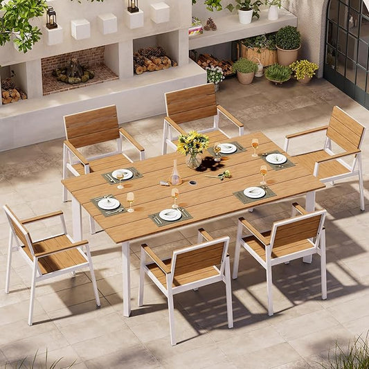 Outdoor Dining Set for 6, Patio Table and Chairs Set with Umbrella Hole, 7 Pieces HDPS + Aluminum Outdoor Furniture Sets for Patio, Garden (White & Teak)