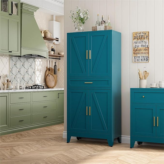 Bevivog Metal Storage Cabinet with Drawers, Tall Cabinets with Doors and Shelves, 4 Doors High Storage Cabinet for Office/Pantry/Living Room