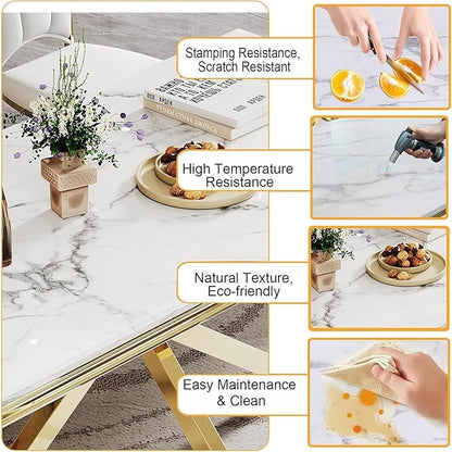 68 Inch Marble Dining Table for 4-6,Modern Dining Room Table with White Faux Marble Tabletop & Gold X Stainless Steel Base,Luxury Rectangle Gold Kitchen Dining Room Table for Living Room Home Office