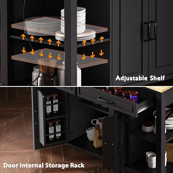 Modern Dining Table Kitchen Island with Extendable Countertop Internal Rack Power Outlet Adjustable Sturdy Stable Easy Clean Luxury,Black-Wood