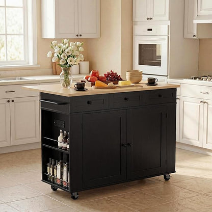 Garvee Rolling Kitchen Island Cart with Power Outlet & Drop Leaf, Kitchen Storage Cabinet On Wheels with 3 Drawers, Spice Rack & Towel Rack, Mobile Island Table for Kitchen
