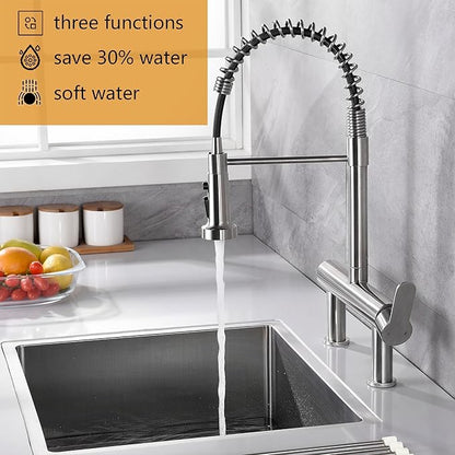 8“ Center Bridge Faucet, Deck Mount Pre Rinse Faucet, with Pull Down Sprayer, High Arc Single Handle Spring Commercial Sink Faucet, Brushed Nickel