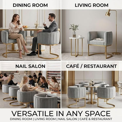 Hyfirm Gray and Gold Modern Barrel Dining Chairs Set of 2, Velvet Upholstered Accent Chairs with Curved Back for Kitchen Island, Luxury Comfort Seating Cantilever Metal Frame