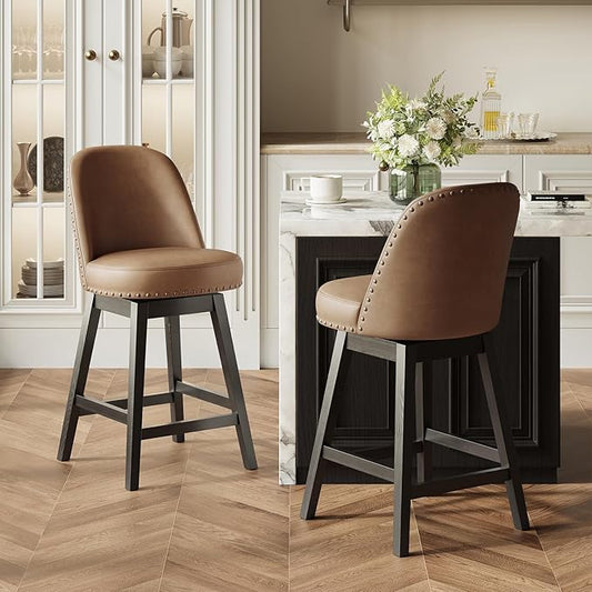 MALOL Swivel Bar Stools Set of 2, PU Leather Mid Century Mondern Barstools, 26 inch Counter Height Bar Chairs with Solid Back and Wood Legs, for Kitchen Island，Brown