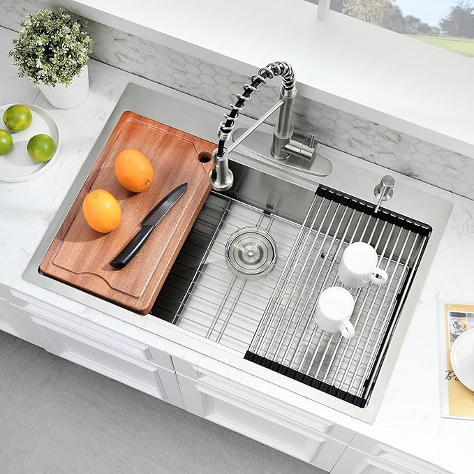33 Inch Drop In Kitchen Sink - 33x22 Kitchen Sink Drop In,16 Gauge Stainless Steel Topmount, 10" Deep Single Bowl Workstation Sinks with Accessories