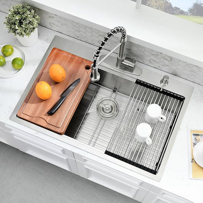 33 Inch Drop In Kitchen Sink - 33x22 Kitchen Sink Drop In,16 Gauge Stainless Steel Topmount, 10" Deep Single Bowl Workstation Sinks with Accessories