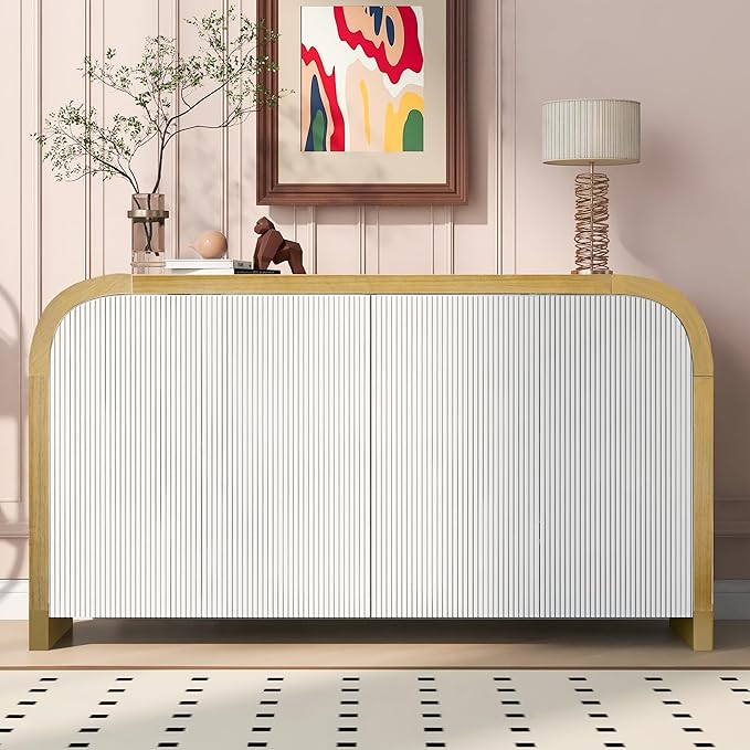 Merax Sideboard Buffet Cabinet with Storage Adjustable Shelves & Unique Curved Corner, Wavy Door Panel Accent Wood Console Table for Coffee Bar, Living Room and Entrance, Easy Assembly, White