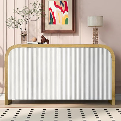 Merax Sideboard Buffet Cabinet with Storage Adjustable Shelves & Unique Curved Corner, Wavy Door Panel Accent Wood Console Table for Coffee Bar, Living Room and Entrance, Easy Assembly, White