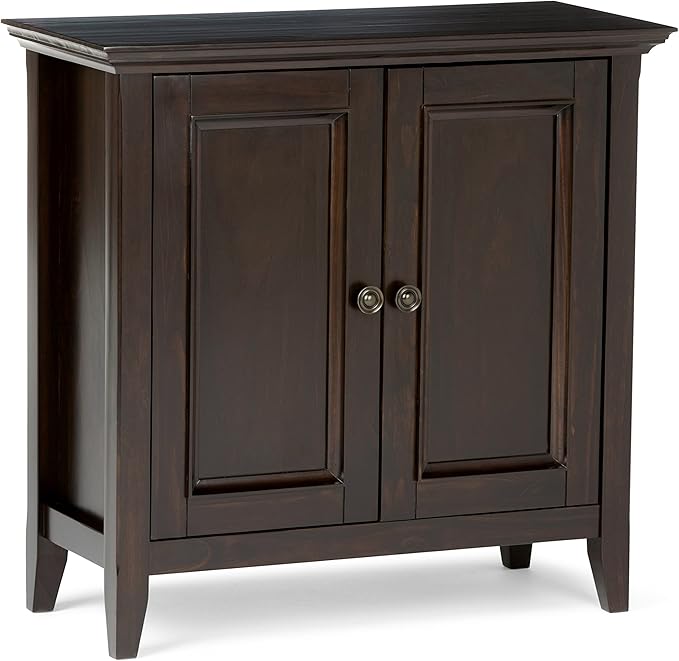 SIMPLIHOME Amherst 32-inch Wide Solid Wood Transitional-Style Low Storage Cabinet in Hickory Brown for Living Room, Entryway, or Dining Area with Adjustable Shelves