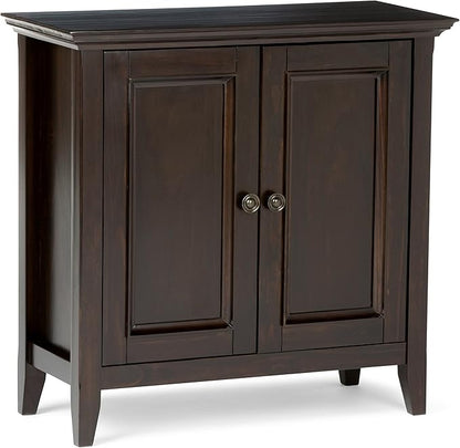 SIMPLIHOME Amherst 32-inch Wide Solid Wood Transitional-Style Low Storage Cabinet in Hickory Brown for Living Room, Entryway, or Dining Area with Adjustable Shelves