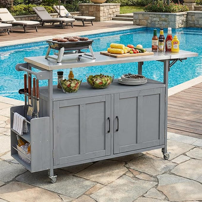 MERITLINE Foldable Outdoor Kitchen Island with Stainless Steel Top & Fir Wood Frame, Adjustable Hidden Shelf & Two-Tier Rack, Lockable Casters for Patio, Garden, Balcony, Grey