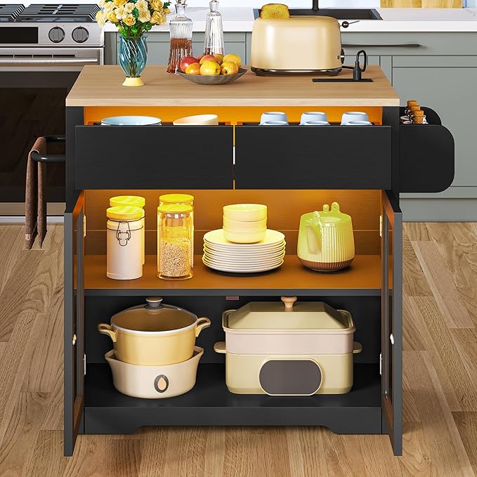 DWVO Kitchen Island with Drop Leaf, Mobile Kitchen Storage Islands with Power Outlet & LED Lights, 37.5" Rolling Dinning Table with Seating, 2 Soft Cushion Bar Stools, Towel & Spice Rack, Qak Black