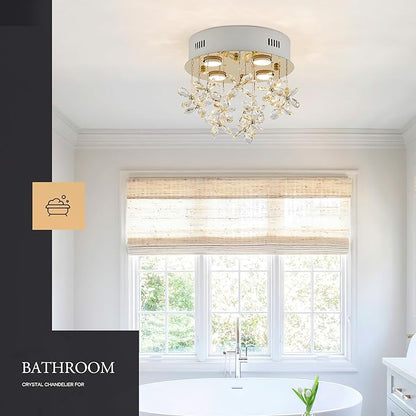4-Lights Modern Chandelier K9 Crystal Lighting Fixture,11.8 Inch Round Stainless Steel Flush Mount Ceiling Lights for Bedroom Foyer Hallway Dining Room,GU10 Bulbs Include