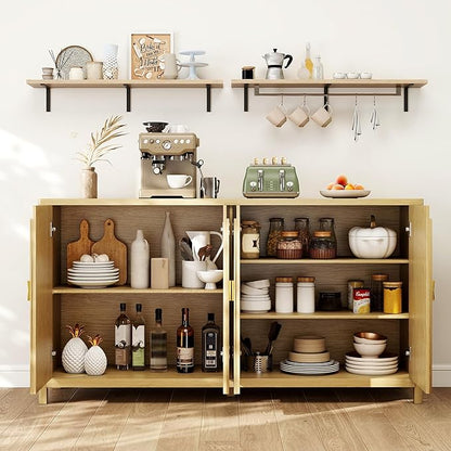 Sideboard Cabinet with Storage - 63” Large Kitchen Buffet Table, Adjustable Shelf & 4 Fluted Doors Farmhouse Coffee Bar for Living Room Dining Room Entryway, Wood