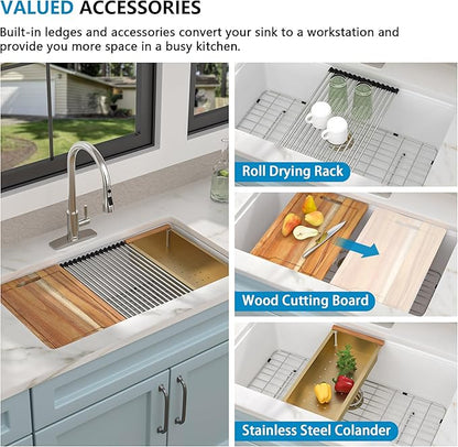 33"x19" Granite Composite Kitchen Sink - White Undermount Ledge Workstation Quartz Classic Luxury Under Counter Single Bowl Sink Basin