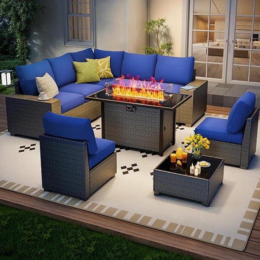 9 Piece Outdoor Patio Furniture Set with 43'' Fire Pit Table, Outdoor Sectional Furniture, Rattan & Wicker Modern Modular Conversation Set Sofa Couch W/Water Resistant Thick Cushions, Coffee/Blue