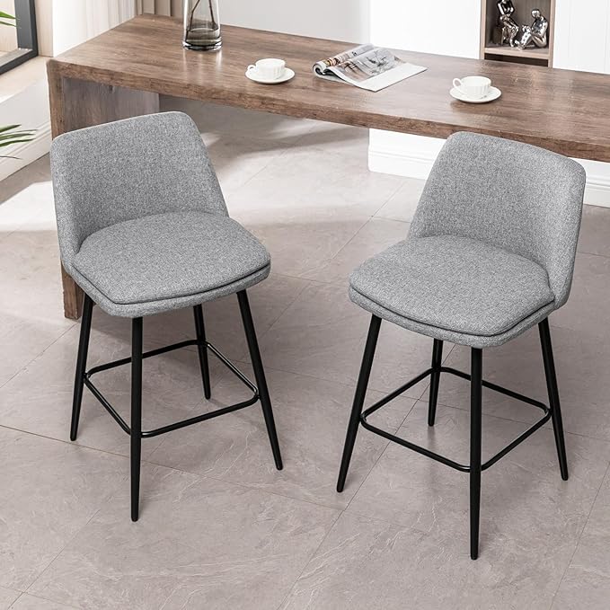 Counter Height Swivel Bar Stools Set of 2, 360° Swivel Upholstered Barstools with Back and Metal Legs, 25.6" Seat Height,Counter Stools for Kitchen Island and Pub,Linen Cloth