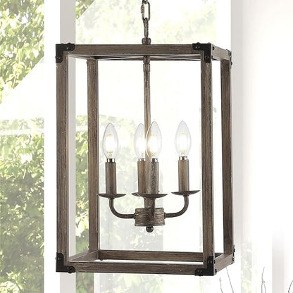 JONATHAN Y 12" Brown/Oil Rubbed Bronze Rustic Farmhouse 4-Light LED Pendant, Adjustable Iron Lantern Chandelier for Kitchen Island, Barnwood Wood Grain Finish JYL7475A