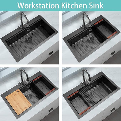 Black Drop In Kitchen Sink 33" x 22", 16 Gauge 304S Stainless Steel Workstation Sinks with Accessories, 33" x 22" x 10" Large and Deep Top Mount Single Bowl Kitchen Sink