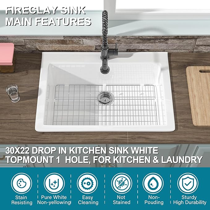 30x22 Drop In Kitchen Sink White 1 Hole, 30 Inch Topmount Fireclay Sink Drop In Single Bowl, Heavy Duty Large Capacity Deep Basin, w 2 Accessories, Pure White, for Kitchen, Laundry