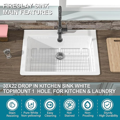 30x22 Drop In Kitchen Sink White 1 Hole, 30 Inch Topmount Fireclay Sink Drop In Single Bowl, Heavy Duty Large Capacity Deep Basin, w 2 Accessories, Pure White, for Kitchen, Laundry