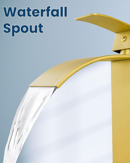 Airuida Brushed Gold Tall Waterfall Bathroom Vessel Sink Faucet Modern Bathroom Vanity Faucet Single Handle Single Hole Farmhouse Bar Mixer Tap Washbasin Faucet Deck Mount