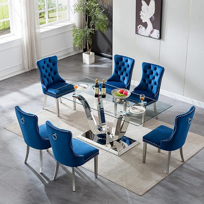 Luxury Silver Glass Dining Table for 6-8 Modern 70-Inch Rectangular Kitchen & Dining Room Table with Double U-Shape Stainless Steel Base Large Clear Glass Top Dining Table for Home Office