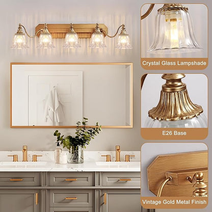 Gold Vintage Bathroom Light Fixtures, 5-Lights Bathroom Vanity Light, Antique Brushed Gold Lighting Fixtures Over Mirror with Crystal Glass Shade, Wall Sconce Lighting
