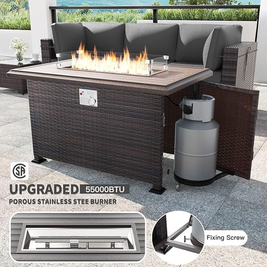 Kullavik 15 Pieces Outdoor Patio Furniture Set with 43" 55000BTU Gas Propane Fire Pit Table PE Wicker Rattan Sectional Sofa Patio Conversation Sets,Grey