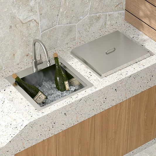 23 Inch Outdoor Kitchen Sink with Faucet - 23x20 Drop In Workstation 16 Gauge Stainless Steel Single Bowl Topmount Outdoor Wet Bar Sink with Stainless Steel Dust-Proof Cover #TLT-0064