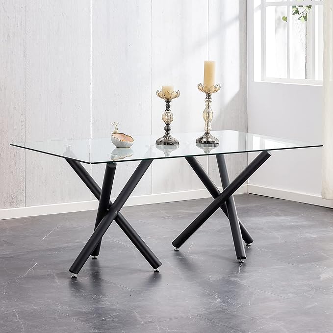 71” Rectangle Dining Table, Large Modern Dining Table for 6–8 People with 0.4" Thickened Tempered Glass Top, Glass Kitchen Table with Black Metal Legs for Dining Room