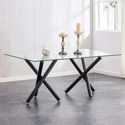 71” Rectangle Dining Table, Large Modern Dining Table for 6–8 People with 0.4" Thickened Tempered Glass Top, Glass Kitchen Table with Black Metal Legs for Dining Room
