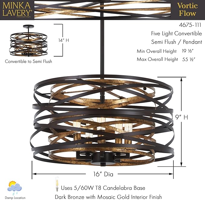 Minka Lavery 4675-111 Vortic Flow Convertible Pendant to Semi-Flush, 5-Light, 300 Total Watts, 16-in H x 9-in W, Dark Bronze with Mosaic Gold Interior