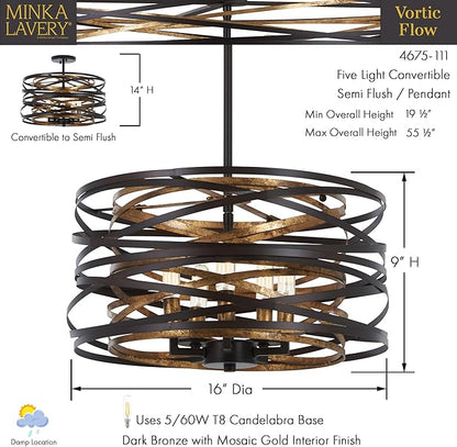 Minka Lavery 4675-111 Vortic Flow Convertible Pendant to Semi-Flush, 5-Light, 300 Total Watts, 16-in H x 9-in W, Dark Bronze with Mosaic Gold Interior