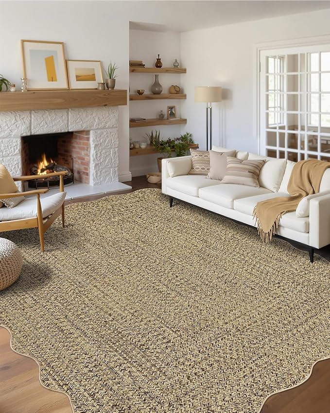 Imitation Braided Collection-Print 8x10 Living Room Area Rug Non-Slip Washable Rugs, Farmhouse Scalloped Large Bedroom Rugs Stain Resistant Ultra-Thin Foldable Carpet for Nursery Dining Room