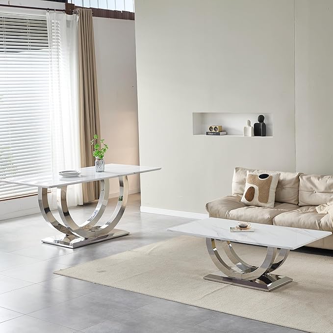 69.3" Luxury Dining Table for 4 6, White Marble Kitchen Dining Room Tables with 0.98" Thick Faux Marble Top & Stainless Steel Pedestal, Modern Silver Rectangular Dinner Table for Kitchen