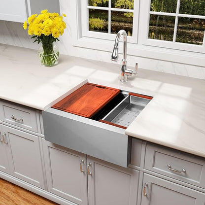28-Inch Farmhouse Kitchen Sink, 16 Gauge Stainless Steel Farm Sink, Undermount Single Bowl, Brushed Finish, Deep Basin, Workstation Design with Accessories (Stainless Steel, 28" x 22" x 10")
