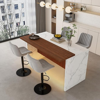 GOWE 63" Modern Kitchen Island Set with 4 Gray Bar Stools - White Marble Look Surface, LED Lighting & Grill Design for Dining Room, Open Concept Spaces, Lounge(4 Gray Bar Stools)