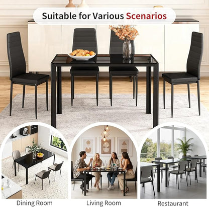 FDW | Dining Table for 4-6 People | Black | 47 Inch Rectangular Glass Kitchen Table | Space-Saving and Modern Design | for Dining Room, Easy to Assemble