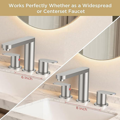 QFN Brushed Nickel Bathroom Faucets 3 Hole, 8 inch Widespread Bathroom Faucet with Pop Up Drain and 24" cUPC Supply Hoses, Lead-Free Two Handles Suitable for 6-12 Inch RV, Restroom, Vanity Sink