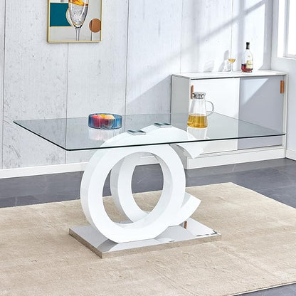 Ebullient 63" Glass Dining Table, Modern Rectangular Glass Kitchen Table, Tempered Glass Top with White OC Design Base Dining Room Table for 4-6，Kitchen