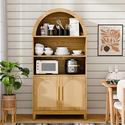 63" Tall Arched Pantry Cabinet with Doors, 5-Tier Arched Bookcase with Adjustable Shelves, Wood Storage Cabinet for Kitchen, Living Room, Office, Natural Oak